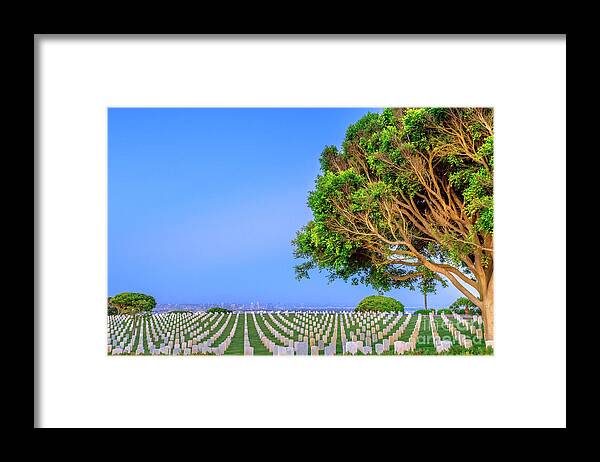 Cemetery Framed Print featuring the photograph Cemetery with San Diego skyline #1 by Benny Marty