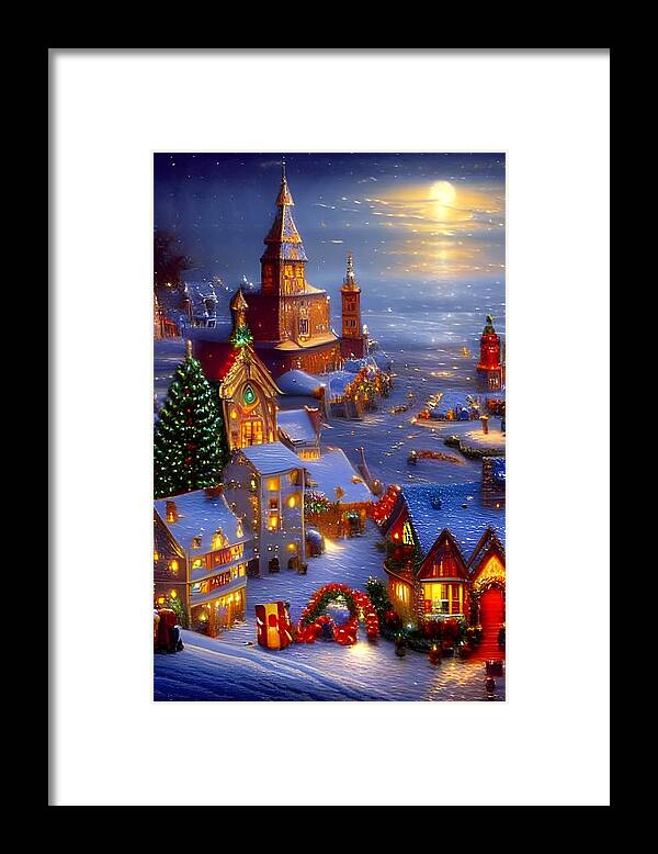 Digital Christmas Village Snow Framed Print featuring the digital art Christmas Village #1 by Beverly Read