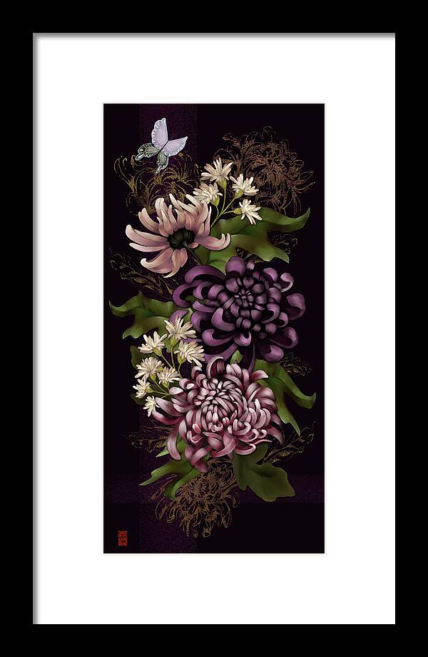 Chinoiserie Framed Print featuring the digital art Chrysanthemums and Butterfly Modern Chinoiserie dark purple by Sand And Chi