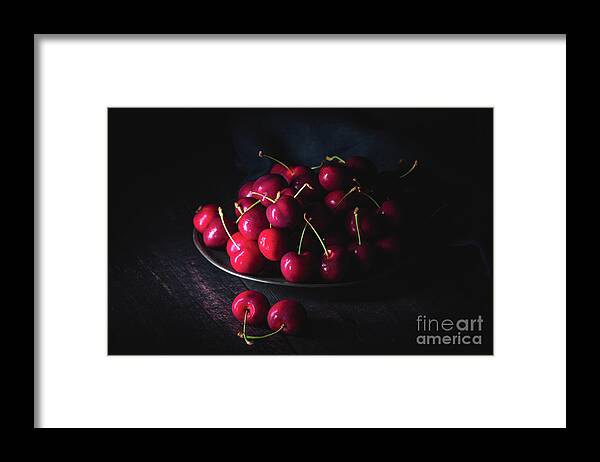 Vegan Framed Print featuring the photograph  Dark red cherries on a pewter plate #1 by Jane Rix