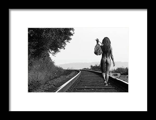 Nudenakedrailroad Railroad Tracks Tracks Bumnaturefine Art Nude Fine Arthobohatwomanfemalesexyfreedomblack And White Nude Framed Print featuring the photograph Derailed by David Naman