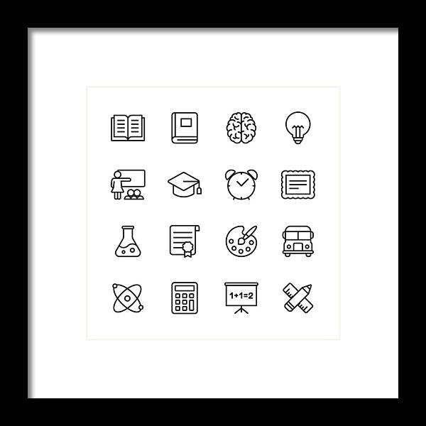 Education Framed Print featuring the drawing Education Line Icons. Editable Stroke. Pixel Perfect. For Mobile and Web. Contains such icons as Book, Brain, Inspiration, School Bus, Certificate. by Rambo182
