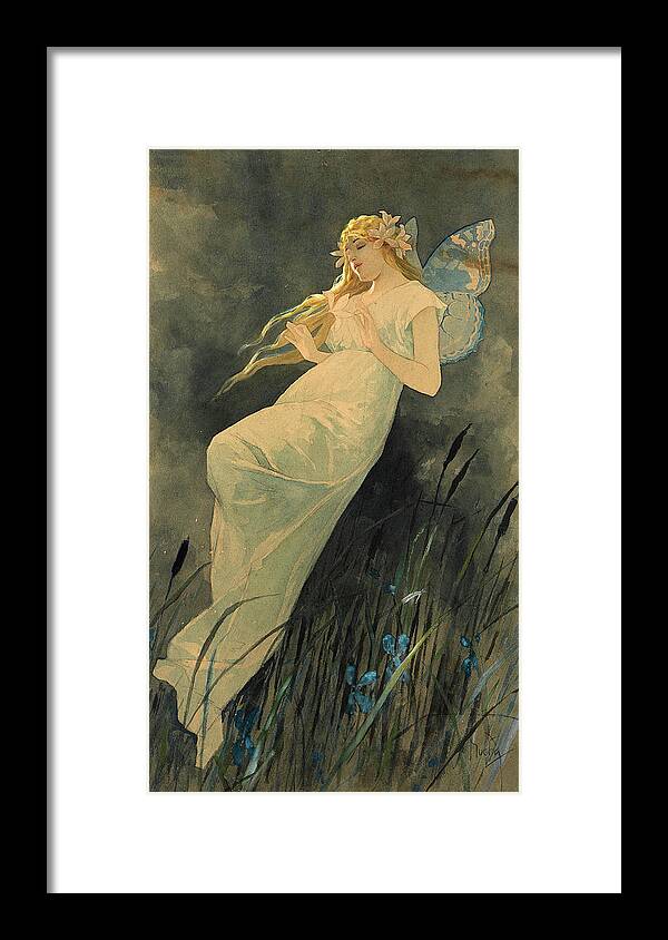 Art Framed Print featuring the painting Elfe mit Irisbluten #1 by Alphonse Mucha