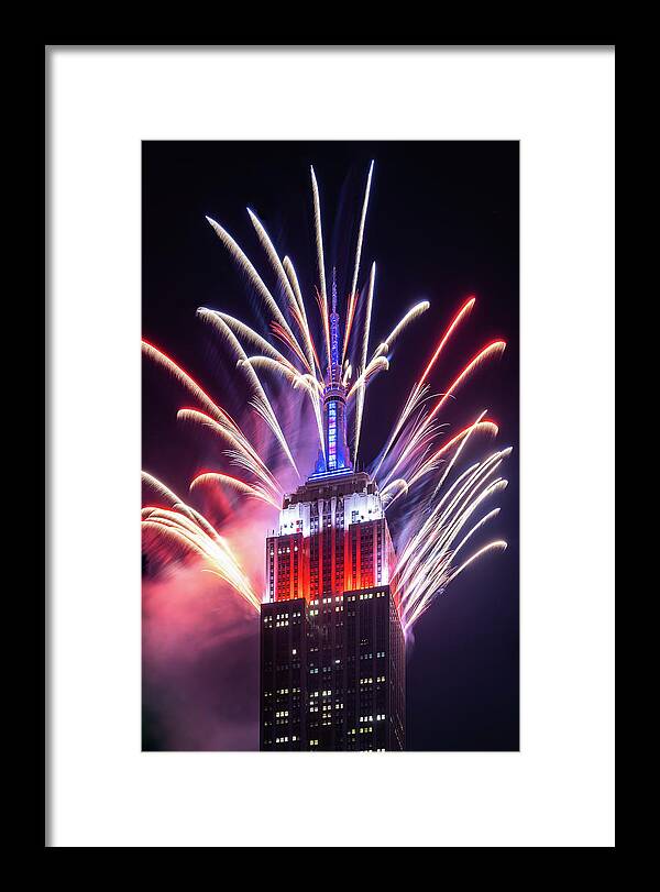 New York Framed Print featuring the photograph Empire State Building Fireworks #2 by Michael Lee