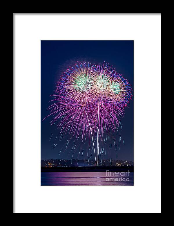 Night Framed Print featuring the photograph Fireworks show from Seaworld as seen from Ski Beach in Mission Bay #1 by Sam Antonio