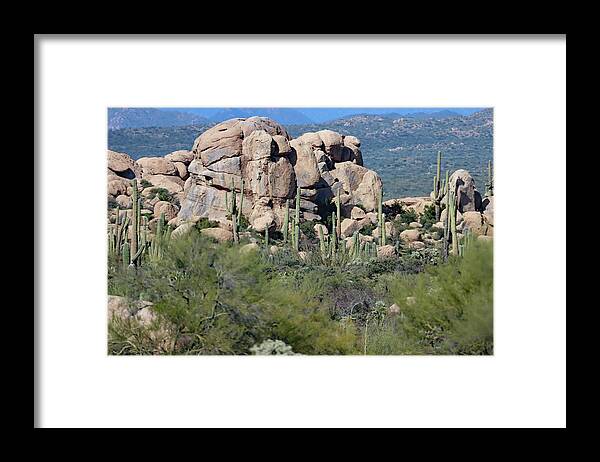 Granite Boulders And Saguaros Framed Print featuring the digital art Granite Boulders and Saguaros #1 by Tom Janca