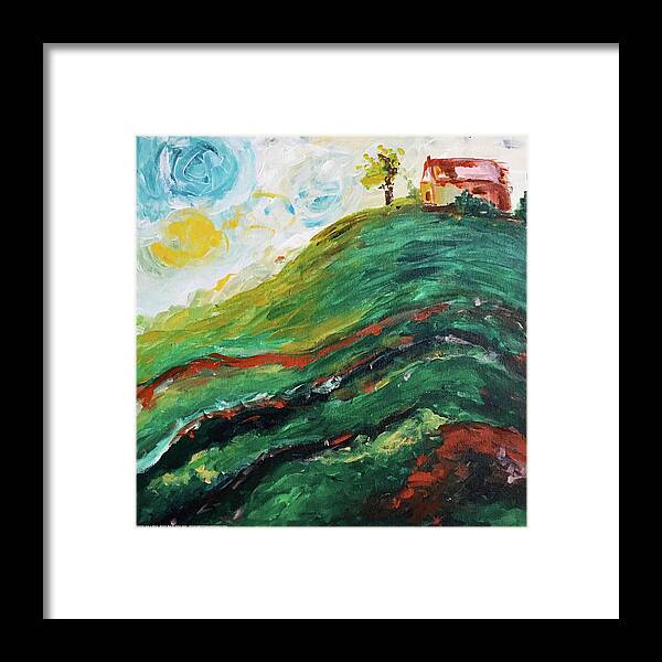 Landscape Framed Print featuring the painting House on a Hill by Roxy Rich