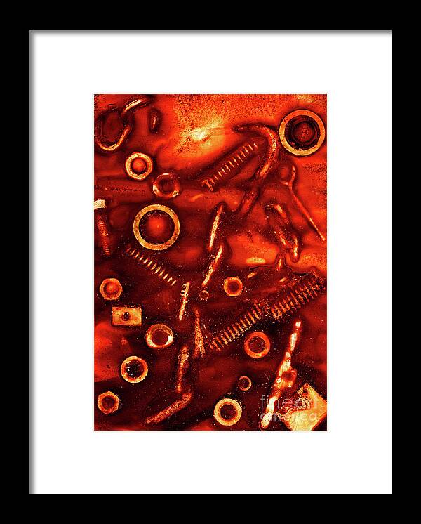 Rust Framed Print featuring the mixed media Imprint of rusty bolts, nuts, springs and other items #1 by Michal Boubin
