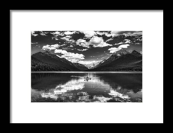 Bowman Lake Framed Print featuring the photograph Kayaker on Bowman Lake #1 by NPS Jacob W Frank