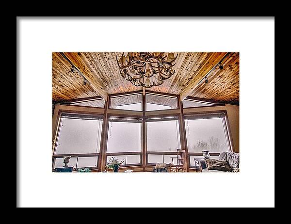 With Framed Print featuring the photograph Large Living Room Space In Log Cabint In The Mountains With A Vi #1 by Alex Grichenko