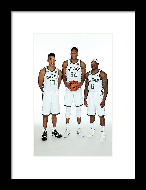 Media Day Framed Print featuring the photograph Malcolm Brogdon, Giannis Antetokounmpo, and Eric Bledsoe by Gary Dineen