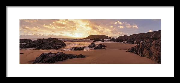 Panorama Framed Print featuring the photograph Marloes Sands Beach Sunset Pembrokeshire Coast Wales #1 by Sonny Ryse
