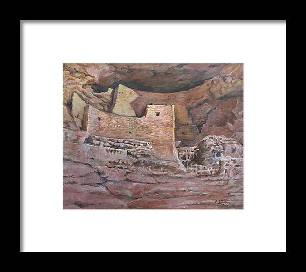 An Example Of A Cliff Dwelling In Arizona. It Is Set In A Canyon That Had A Water Source. The Cottonwood Trees Let You Roam Below This Vista In The Cool Shadows Giving You A Glimpse Of The Past. Framed Print featuring the painting Montezumas Castle by Charme Curtin