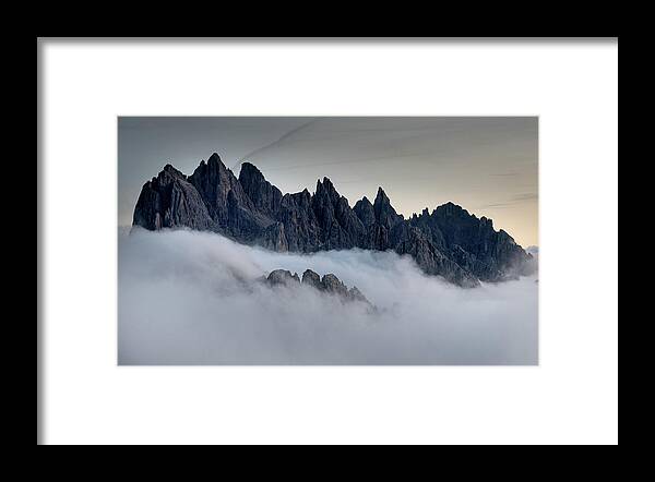 Dolomiti Framed Print featuring the photograph Mountain landscape with mist, at sunset Dolomites at Tre Cime Italy. by Michalakis Ppalis