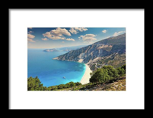 Myrtos Framed Print featuring the photograph Myrtos beach in Kefalonia, Greece #1 by Constantinos Iliopoulos