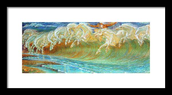 Walter Crane Symbolism Greek Mythology Neptune Poseidon Horses English Framed Print featuring the painting Neptune's Horses #1 by Walter Crane