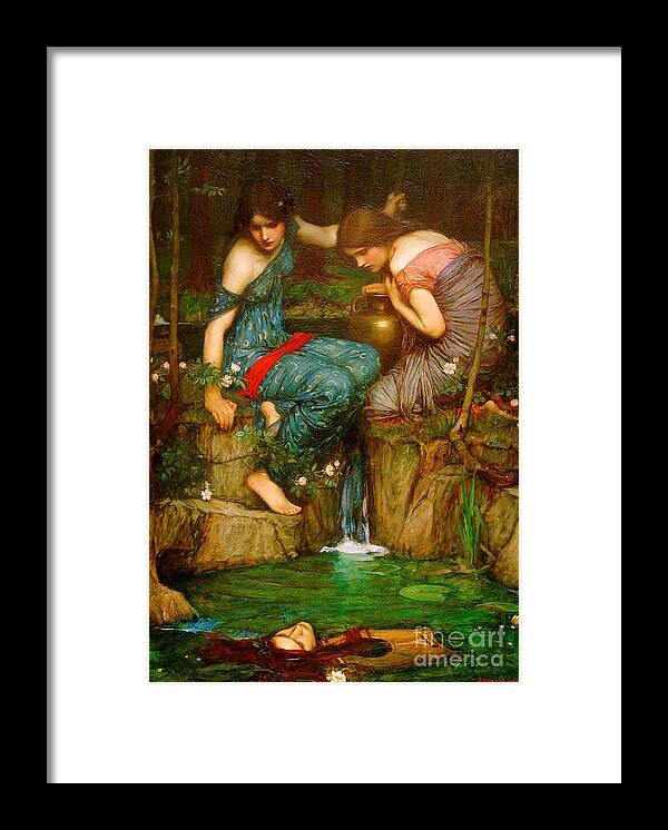 Nymphs Finding The Head Of Orpheus Framed Print featuring the painting Nymphs finding the head of Orpheus by John William Waterhouse