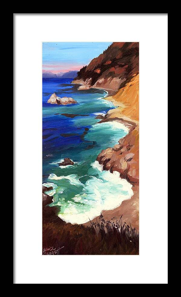 Cliff Framed Print featuring the painting Ocean View at Big Sur #1 by Alice Leggett