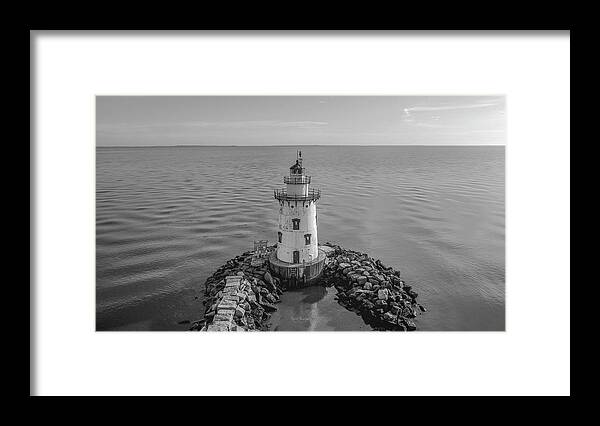 Black And White Framed Print featuring the photograph Old Saybrook Outer Lighthouse by Veterans Aerial Media LLC