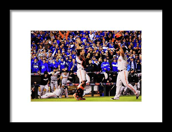 People Framed Print featuring the photograph Pablo Sandoval, Madison Bumgarner, and Buster Posey by Jamie Squire