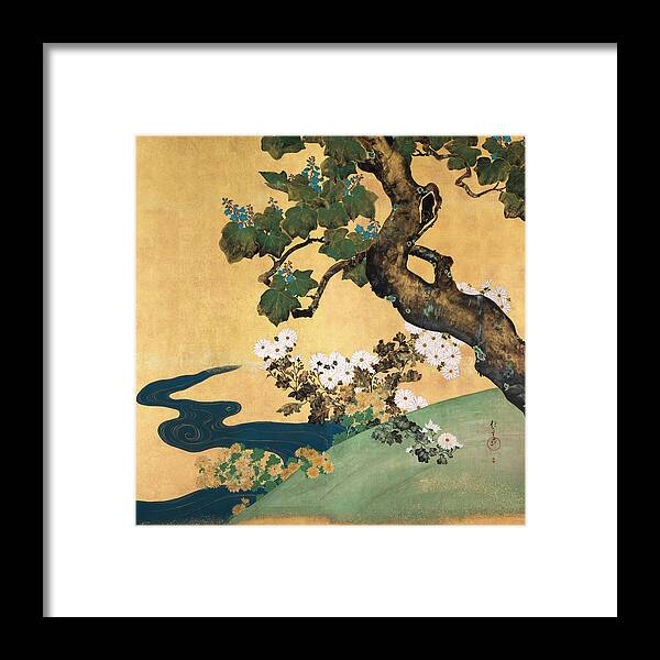 Sakai Hoitsu Framed Print featuring the painting Paulownias and chrysanthemums #1 by Sakai Hoitsu