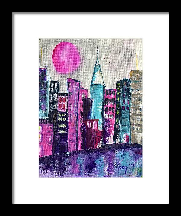 City Framed Print featuring the painting Pink Moon City by Roxy Rich