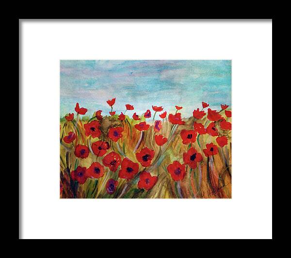  Flower Fauna Framed Print featuring the painting Poppies in he field. by Genevieve Holland