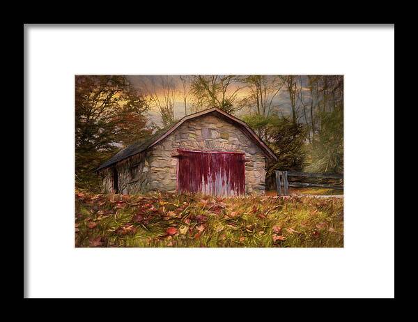 Barns Framed Print featuring the photograph Red Door Barn Farm Creeper Trail in Autumn Fall Colors Damascus #1 by Debra and Dave Vanderlaan