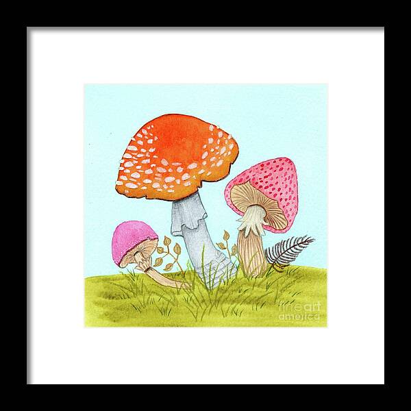 Retro Mushrooms Framed Print featuring the painting Retro Mushrooms 3 by Donna Mibus