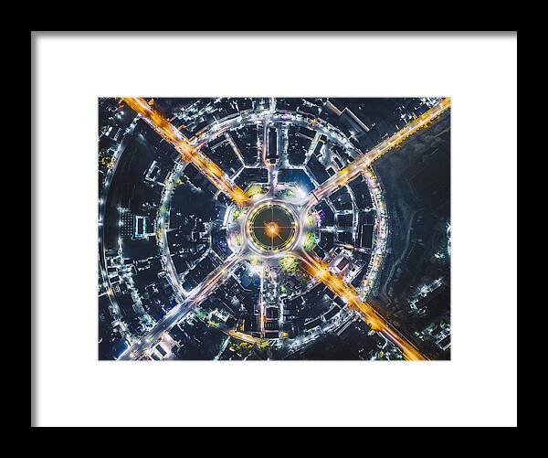 Scenics Framed Print featuring the photograph Road roundabout large The road has six lines beautiful at night , Bird Eye View . #1 by Anucha Sirivisansuwan