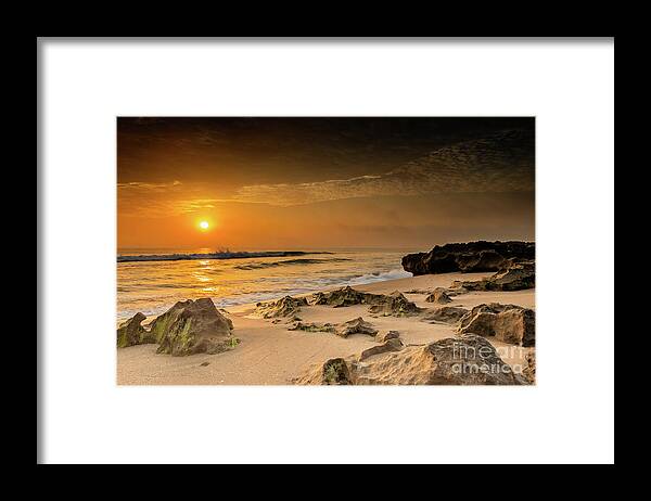 Sun Framed Print featuring the photograph Rocky Beach Sunrise #1 by Tom Claud