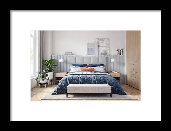 Rug Framed Print featuring the photograph Scandinavian bedroom interior - stock photo #1 by CreativaStudio