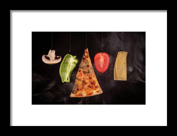 Pizza Framed Print featuring the photograph Slice of mozzarella pizza tomato cheese peeper and mushroom ingredients by Michalakis Ppalis