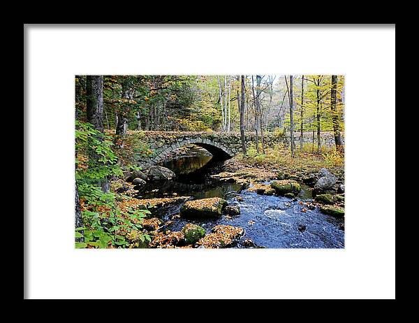 Stone Arch Autumn New England Hampshire Nh Bridge Water Stream Trout Fishing Leaves Foliage Fall Brook Framed Print featuring the photograph Stone Arch Bridge in Autumn by Wayne Marshall Chase