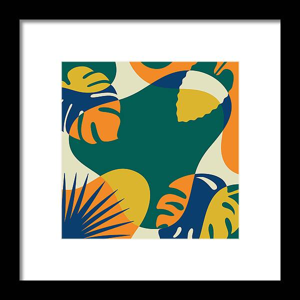 Tropical Rainforest Framed Print featuring the drawing Summer tropical background with palm leaves and exotic plants. #1 by Discan