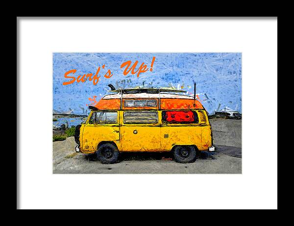 Surf's Up Vw Bus Camper Van Morro Bay. Surf's Up Framed Print featuring the photograph Surf's Up VW Bus Camper Van Morro Bay #1 by Floyd Snyder
