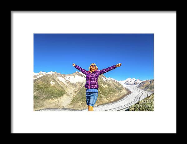 Glacier Framed Print featuring the photograph Switzerland Glacier Woman Hiking #1 by Benny Marty