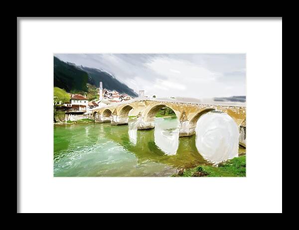 Bosnia Framed Print featuring the digital art The Old Bridge in Konjic #1 by Alexey Stiop