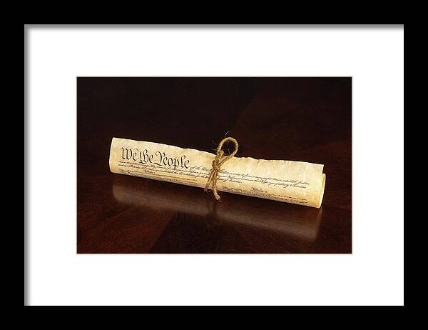 1700s Framed Print featuring the photograph The U S Constitution rolled tied with a cord displaying We The P #1 by Jack R Perry