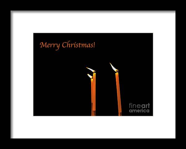 Holidays Framed Print featuring the photograph Three burning candles Merry Christmas by Patricia Hofmeester