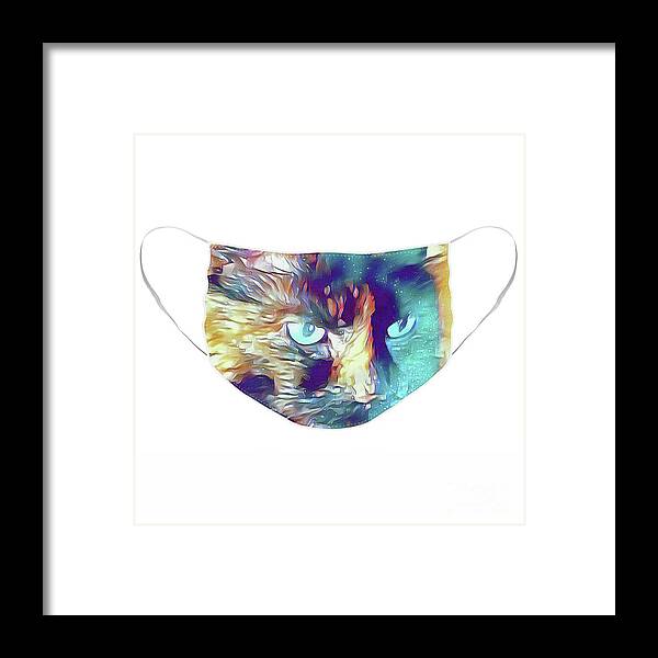 Cat; Kitten; Torti; Torti Cat; Tortoiseshell; Gold; Brown; Black; Teal; Cat Eyes; Kitten Eyes; Close-up; Photography; Painting; Profile; Face Mask; Mask Framed Print featuring the photograph Torti in Teal Face Mask by Tina Uihlein