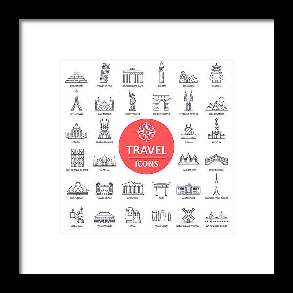 Chinese Culture Framed Print featuring the drawing Travel Landmark Icons - Thin Line Vector #1 by Pop_jop