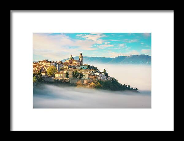 Trevi Framed Print featuring the photograph Trevi picturesque village in a foggy morning. Perugia, Umbria, I by Stefano Orazzini