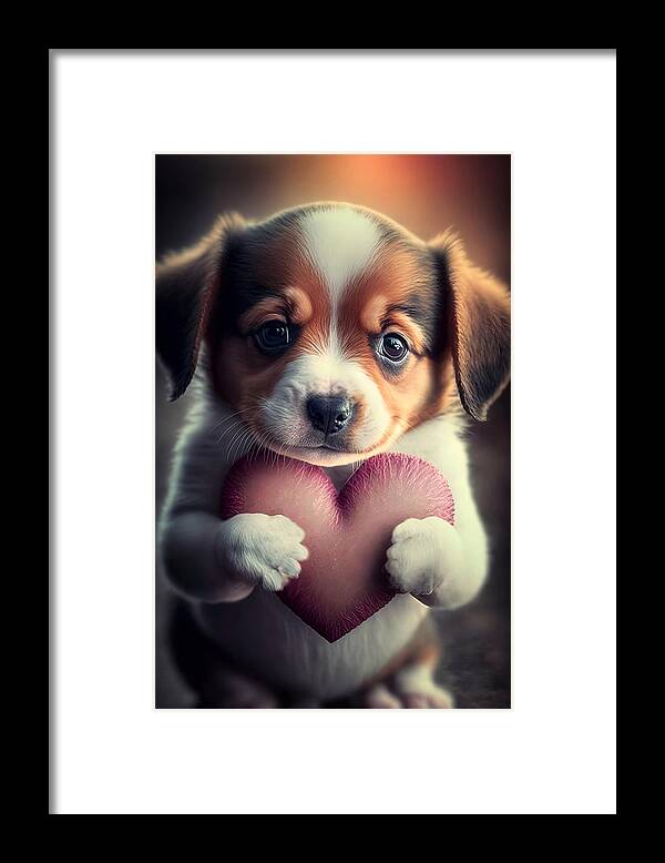 Puppy With Heart Framed Print featuring the mixed media Valentine Puppy 0 #1 by Lilia S