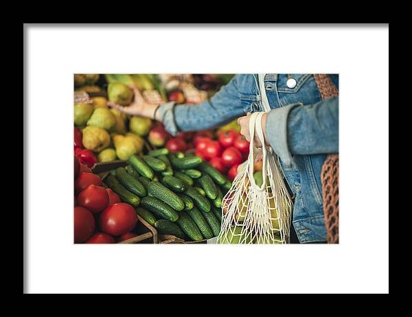 Reusable Bag Framed Print featuring the photograph Vegetables and fruit in reusable bag on a farmers market, zero waste concept #1 by ArtMarie