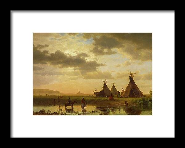 Landscape Framed Print featuring the painting View of Chimney Rock, Ohalilah Sioux Village in the foreground #1 by Albert Bierstadt