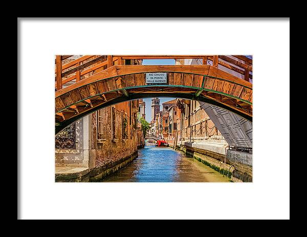 Architecture Framed Print featuring the photograph View up Venice Canal Under Bridges #1 by Darryl Brooks