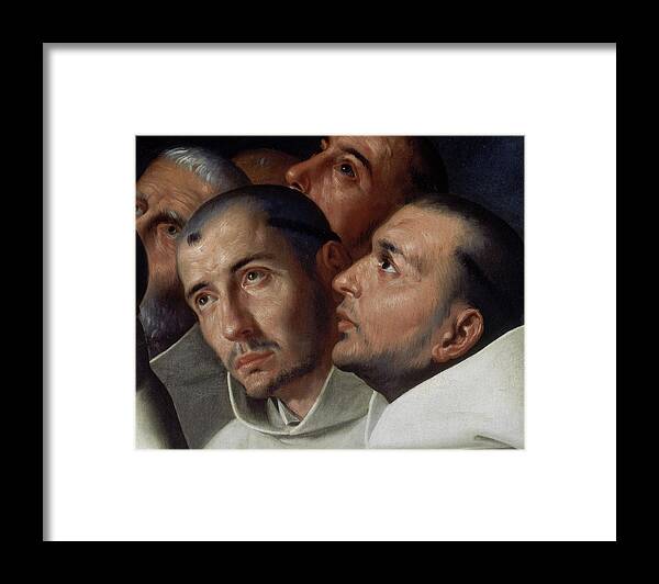 Francisco De Zurbaran Framed Print featuring the painting 'Virgin of Mercy with Carthusians' -detail-, 1630-1635, Oil on canvas, Spanish Baroque. #1 by Francisco de Zurbaran -c 1598-1664-