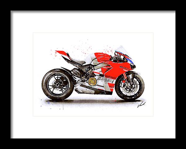 Sport Framed Print featuring the painting Watercolor Ducati Panigale V4S motorcycle, oryginal artwork by Vart #1 by Vart Studio