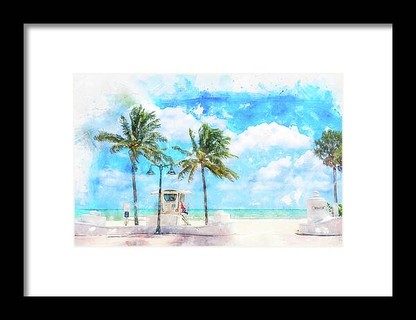Fort Lauderdale Framed Print featuring the digital art Watercolor painting illustration of Seafront beach promenade with palm trees in Fort Lauderdale by Maria Kray